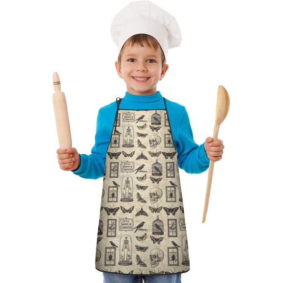Beige Gothic Skull Butterfly Birdcage Pattern Kids Aprons for Girls and Boys,Adjustable Neck Strap Toddler Aprons for Kids Cooking Baking