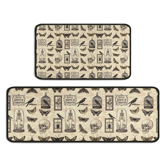 Beige Gothic Skull Butterfly Birdcage Pattern Kitchen Rugs Sets Of 2,Anti Fatigue Kitchen Mat Rugs Non Slip Washable,Decorative Kitchen Floor Mats for Kitchen,Sink,Laundry,17"X30"+17"X47"