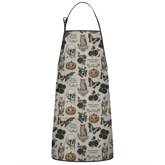 Beige Gothic Skull Pumpkin Rose Pattern Apron-Garden Aprons for Women with Pockets-Cotton Linen Waterproof Kitchen Cooking Gardening Aprons Adjustable for Kitchen,Cooking,BBQ and Salon 33x27 Inch