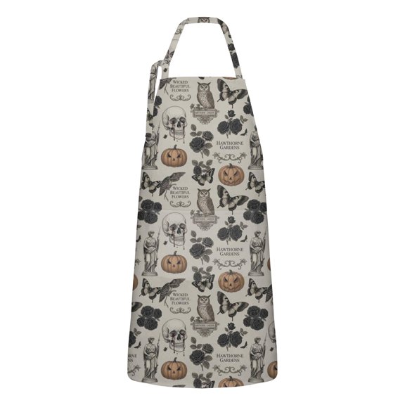 Beige Gothic Skull Pumpkin Rose Pattern Apron-Garden Aprons for Women with Pockets-Cotton Linen Waterproof Kitchen Cooking Gardening Aprons Adjustable for Kitchen,Cooking,BBQ and Salon 33x27 Inch