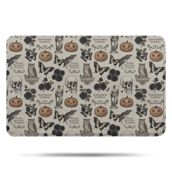 Beige Gothic Skull Pumpkin Rose Pattern Bathroom Rugs Mat,Non Slip Microfiber Bathroom Rug,Rubber Backing,Soft Bathroom Mats for Bathroom Floor,Tub and Shower,17x27in(43x68cm)