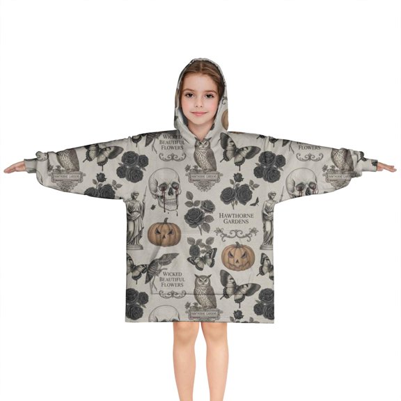 Beige Gothic Skull Pumpkin Rose Pattern Blanket Hoodies for Kids 6-13YR Oversize Wearable Blanket Hoodies for Boys Girls Teens