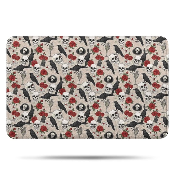 Beige Gothic Skull Rose Crow Pattern Bathroom Rugs Mat,Non Slip Microfiber Bathroom Rug,Rubber Backing,Soft Bathroom Mats for Bathroom Floor,Tub and Shower,17x27in(43x68cm)