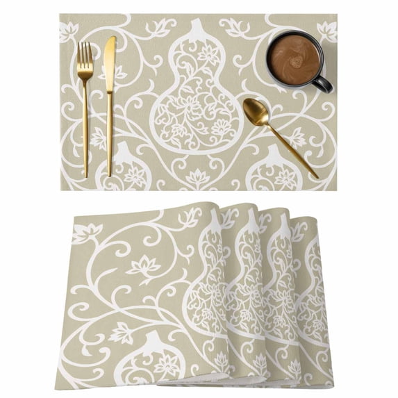 Beige Gourd Placemats Set of 12 Modern Abstract Art Floral Place Mats Indoor Wipeable Table Mats Washable Cloth Dining Table Placemats for Kitchen Holiday Party Home Decor 13x19 Inch