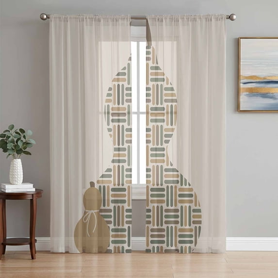 Beige Gourd Sheer Curtains 63 Inch Length 2 Panels Set, Modern Abstract Art Geometric Voile Window Treatment Rod Pocket Curtains Sheers Drapes for Bedroom/Living Room/Kitchen 52x"63"x2