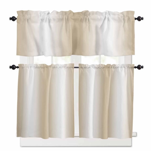 Beige Gradient Kitchen Curtains Valances and Tiers Set of 3, Abstract 24 Inch Length Tier Curtains and Valance Rod Pocket Valance Curtains Set for Kitchen Bathroom Small Windows