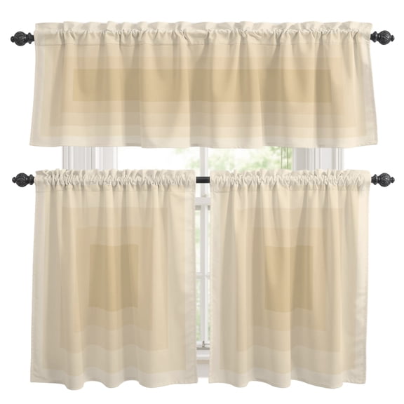 Beige Gradient Squares Kitchen Curtains and Valances Set, Softness Layers Zen Geometric Rod Pocket Window Valance Window Curtain Panels for Living Room Bedroom Laundry, 27.5x24in, 3 Pieces