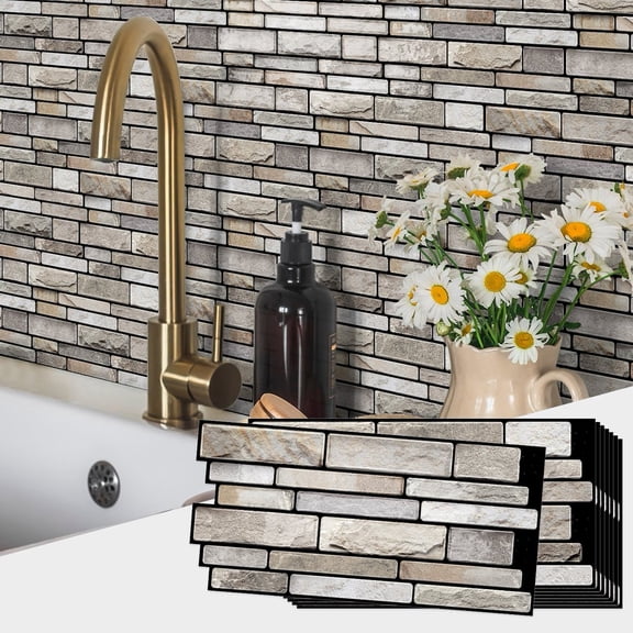 Beige Gray 3D Tiles Stickers 4.72 x 9.69inch DIY Decor Stone Pattern Wall Decals 12 Piece Self Adhesive Waterproof Peel and Stick Kitchen Backsplash