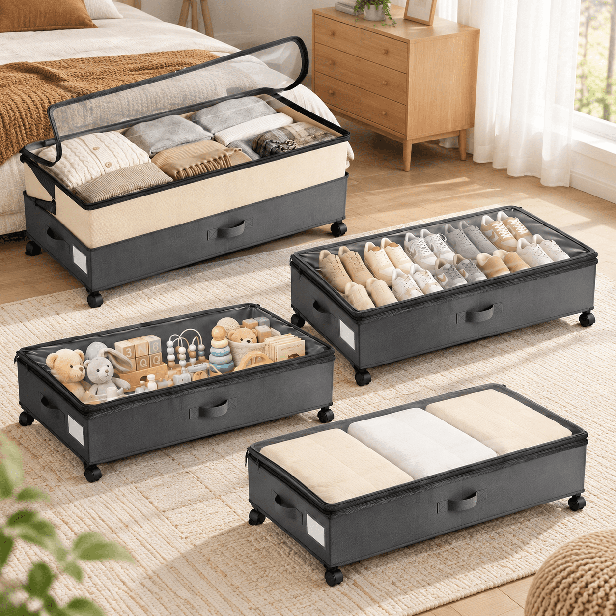 Beige & Gray 4 Pack Height-Adjustable Under Bed Storage Containers with ...