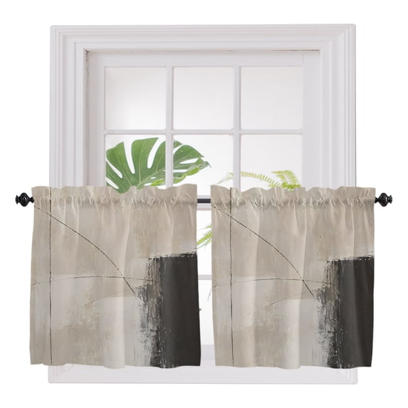 Beige Gray Black Vintage 2 Panel Kitchen Curtains for Small Windows, Modern Abstract Linen Farmhouse Bathroom Tier Curtain, Short Window Treatment for Bedroom/Living Room 55"x36"
