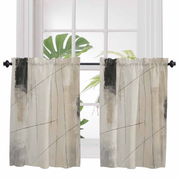 Beige Gray Black Vintage Texture 2 Panel Kitchen Curtains for Windows, Modern Abstract Linen Bathroom Privacy Curtain, Home Décor Window Treatment for Bedroom/Living Room 55"x45"
