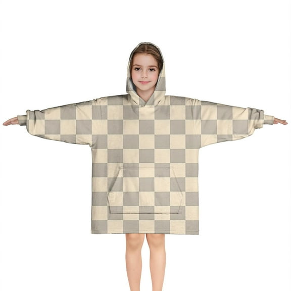 Beige Gray Checkerboard Checkered Pattern Blanket Hoodies for Kids 6-13YR Oversize Wearable Blanket Hoodies for Boys Girls Teens