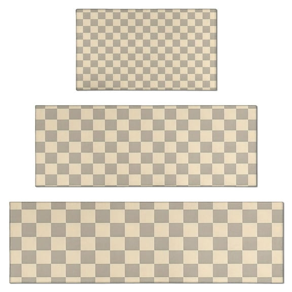 Beige Gray Checkerboard Checkered Pattern Kitchen Rugs Sets Of 3,Kitchen Runner Rugs Non Skid Washable,Decorative Kitchen Floor Mats for Kitchen,Sink,Laundry,17"x30"+ 17"x47" + 17"x59"