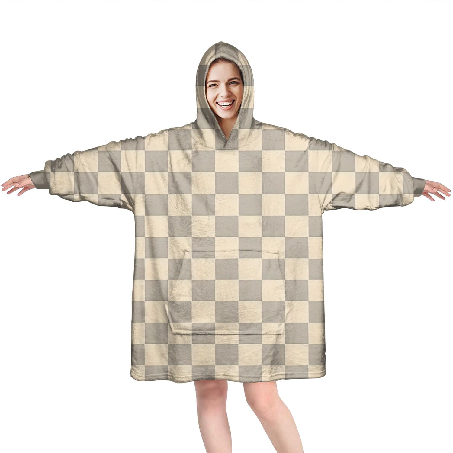 Beige Gray Checkerboard Checkered Pattern Wearable Oversized Blanket,Wearable Blanket Hoodie for Adults,Cozy Hooded Blankets with Super Pockets,Super Warm Fuzzy Pullover for Women & Men