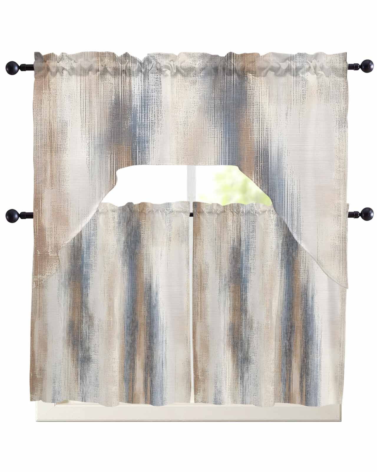 Beige Gray Kitchen Curtains Sets 36 Inch Length with Valance, Abstract