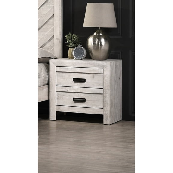Beige Gray Nightstand With Metal Hand Pull - 2 Drawer Bedroom Furniture Elegant Drawers, Rustic