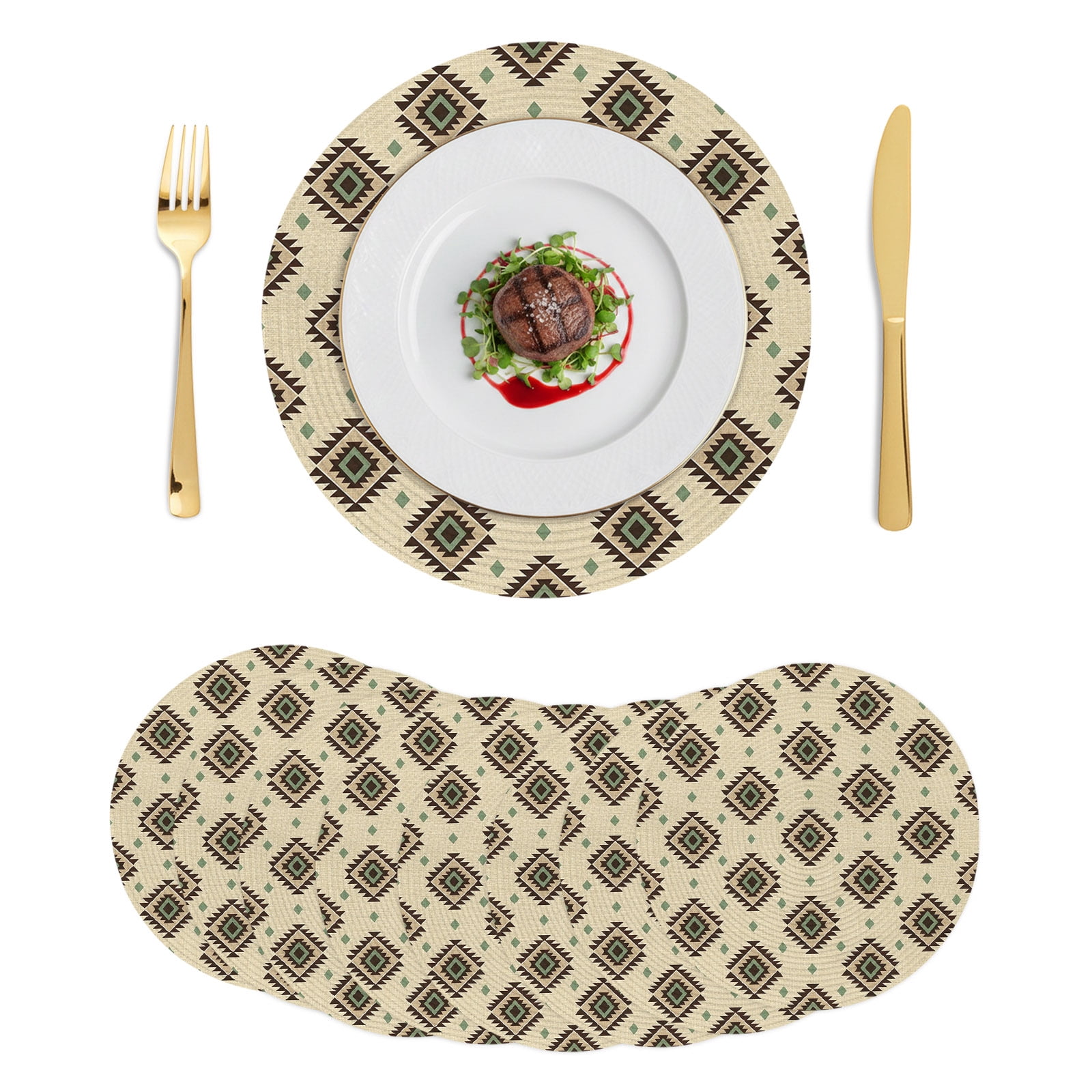 Beige Green Boho Round Placemats Set of 8 Farmhouse Tribal Diamond ...