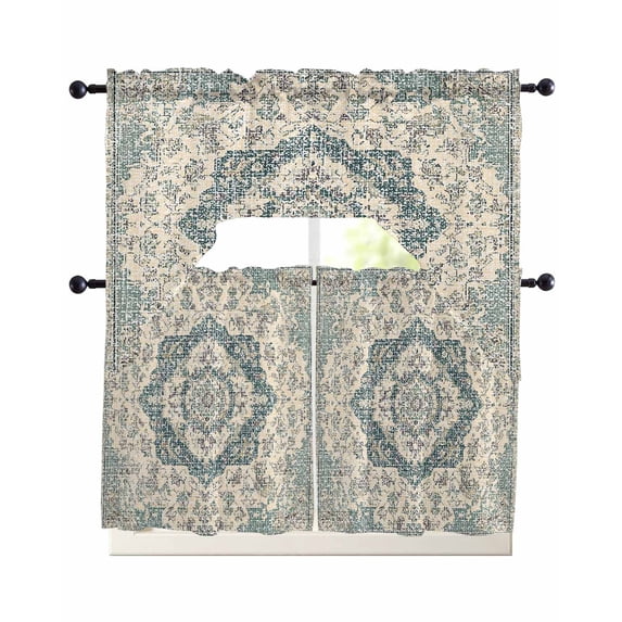 Beige Green Boho Swag Kitchen Curtains Sets for Windows 24 Inch Length, Medieval Vintage Ethnic Floral Abstract Short Window Curtain Panels Swags Valances and Tiers 3 Piece Set for Cafe/Dining Room