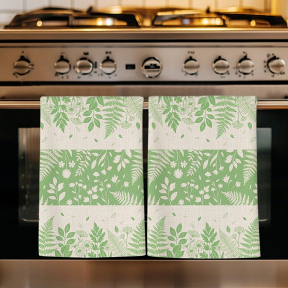 Beige Green Botanical Kitchen Towels Set of 1, Farmhouse Pastoral Leaves Burlap Absorbent Dish Towels for Kitchen, Microfiber Hand Towel, Quick Drying Tea Towel for Cleaning Decorative Dishcloths
