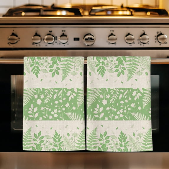 Beige Green Botanical Kitchen Towels Set of 4, Farmhouse Pastoral Leaves Burlap Absorbent Dish Towels for Kitchen, Microfiber Hand Towel, Quick Drying Tea Towel for Cleaning Decorative Dishcloths