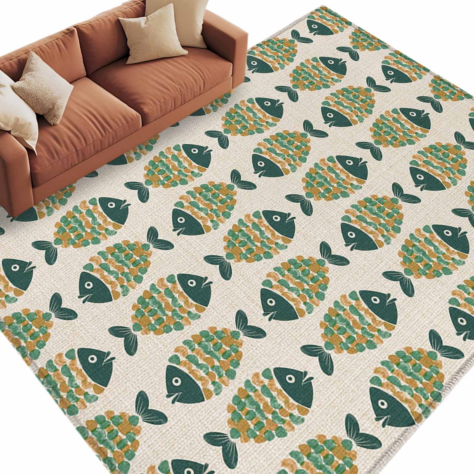Beige Green Fish Area Rug 8x10 Washable Rug Non Slip Rustic Animals ...