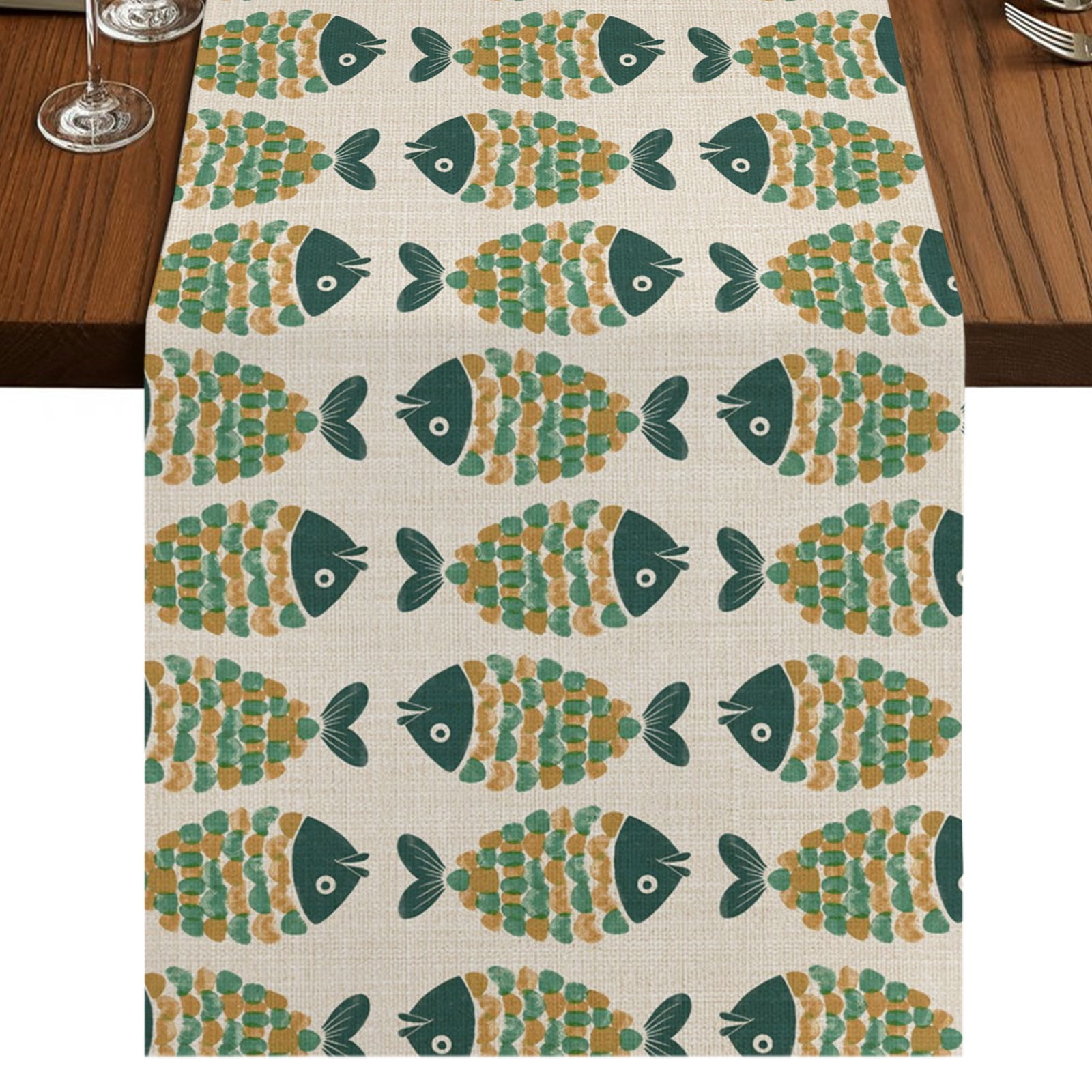 Beige Green Fish Burlap Cotton Table Runner 13x90 Inches Long, Rustic ...