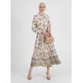 thumbnail image 1 of Beige - Green - Floral - Point Collar - Fully Lined - Modest Dress - Refka, 1 of 5