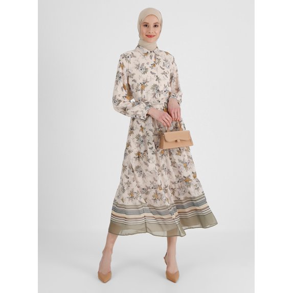 Beige - Green - Floral - Point Collar - Fully Lined - Modest Dress - Refka