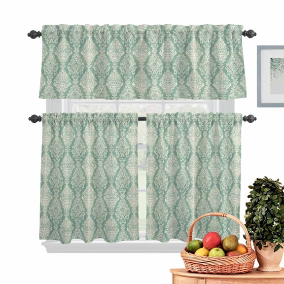 Beige Green Flower Kitchen Curtains Valances 3 Piece Set, Ethnic Middle East Rod Pocket Tier Curtain and Valance Drapes for Small Window 36 Inch Length for Bedroom Cafe