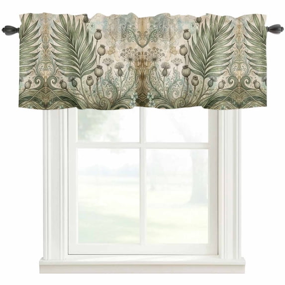 Beige Green Leaves Kitchen Valances for Windows, Vintage Farmhouse Botanical Floral Bathroom Window Valances 54x18 Inch Rod Pocket Window Treatments Valance Curtains for Living Room Bedroom Decor