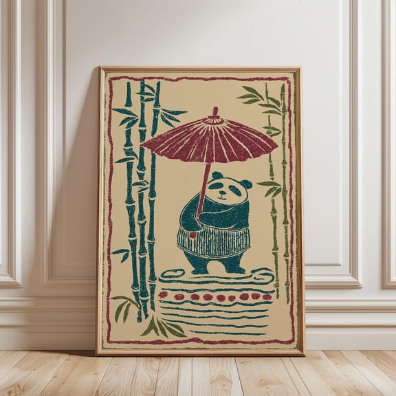 Beige Green Panda Bamboo Poster, Unframed Paper Poster 8x10in