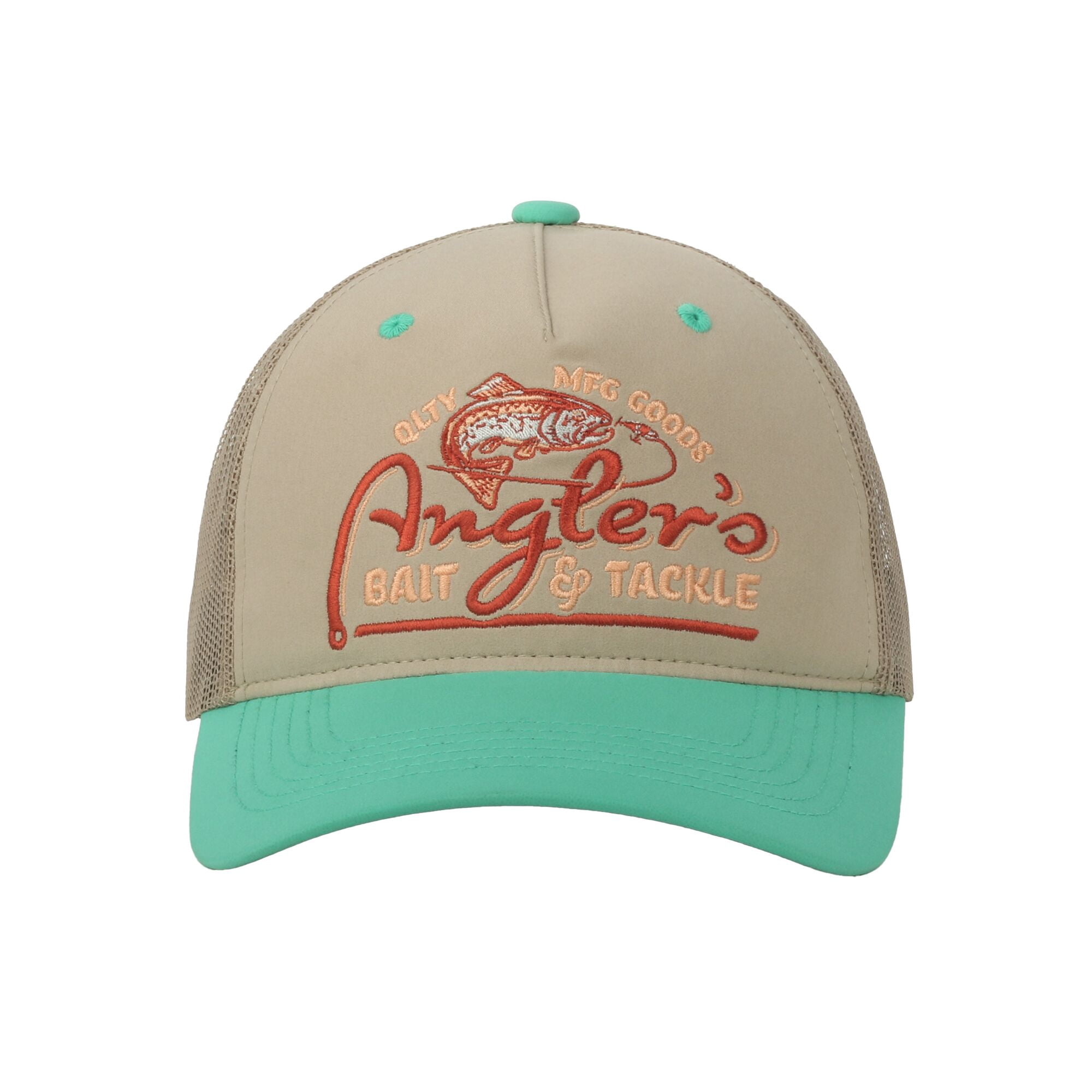 Beige/Green 5-Panel Fishing Cap – Structured Mid Profile, Embroidered, Snapback, One Size