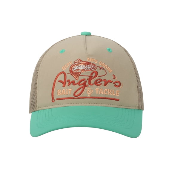 Beige/Green 5-Panel Fishing Cap – Structured Mid Profile, Embroidered, Snapback, One Size