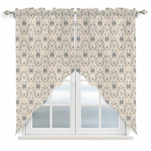 Beige Grey Baroque Kitchen Window Curtains, Swag Curtains Valance for Bedroom Living Room Bathroom, Abstract Art Floral Pattern Rod Pocket Window Treatment Curtain Block Drapes 2 Panels 36"x36"