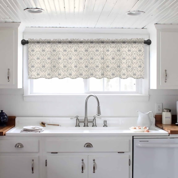 Beige Grey Baroque Valance Curtains for Kitchen/Living Room/Bathroom/Bedroom Window, Abstract Art Floral Pattern Rod Pocket Small Topper Half Short Window Curtains Voile Sheer Scarf 42"x12"