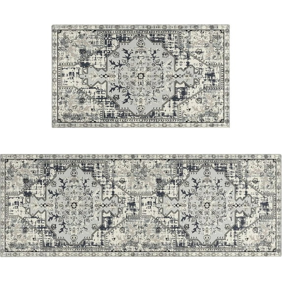 Beige Grey Boho Kitchen Rugs Set of 2, Northwest Persian Style Geometric ethnic oriental Kitchen Mats for Floor,Non-Slip Washable Sink Mats Home Decor Doormat+Runner Rug