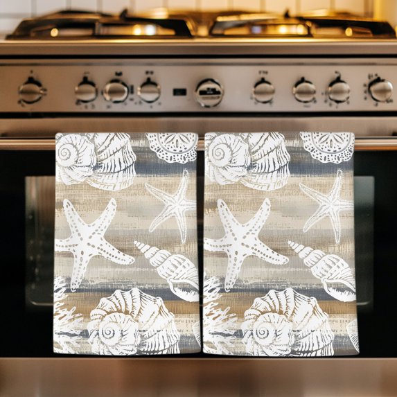 Beige Grey Coastal Kitchen Towels Set of 1, Nautical Beach Starfish Coral Shell Modern Absorbent Dish Towels for Kitchen, Microfiber Hand Towel, Quick Drying Tea Towel for Cleaning Dishcloths