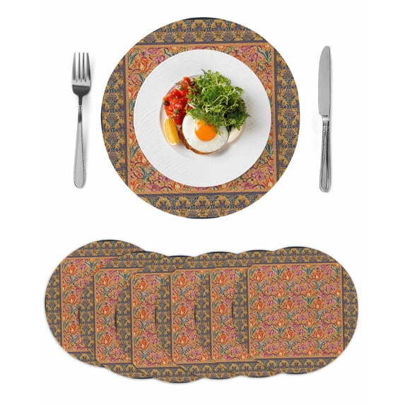Beige Grey Floral Boho Round 13 Inch Placemats Set of 6, Vintage Ethnic Tribe Abstract Art HeatResistant Non Slip Place Mats for Dining Table, Wipeable Braided Kitchen Table Mats for Housewarming