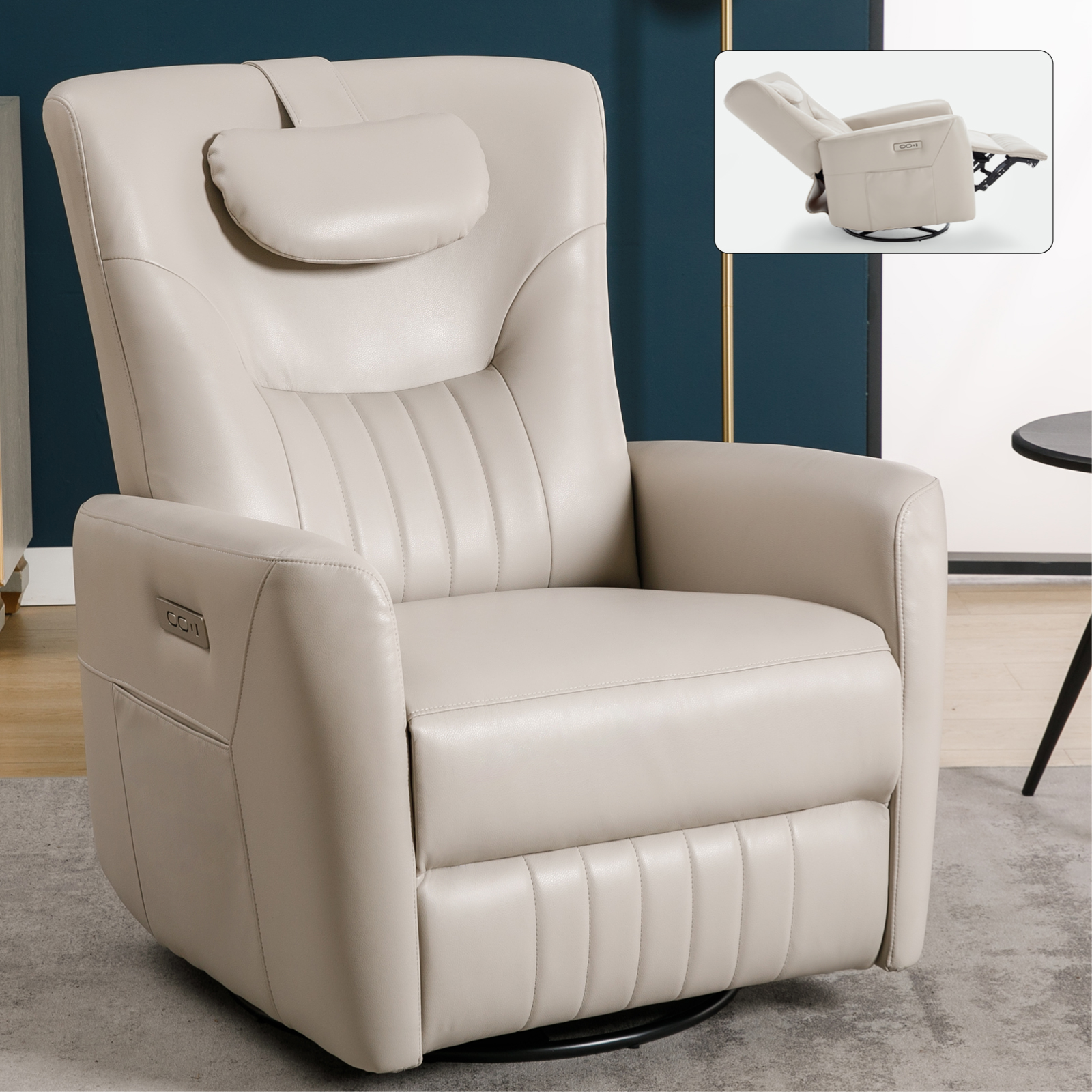 Beige Grey Leatheraire Swivel and Rocker Power Recliner Chair with ...