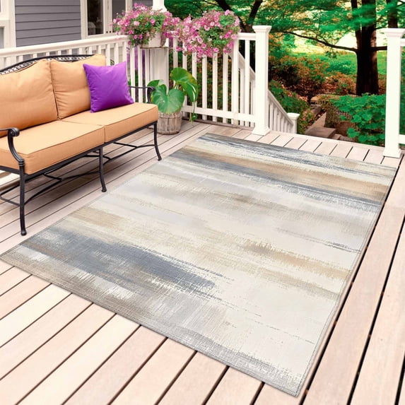 Beige Grey Outdoor Rug for Patio/Deck/Porch, Non-Slip Large Area Rug 6 x 9 Ft, Abstract Mottled Art Retro Modern Painting Indoor Outdoor Rugs Washable Area Rugs, Reversible Camping Rug Carpet Runner
