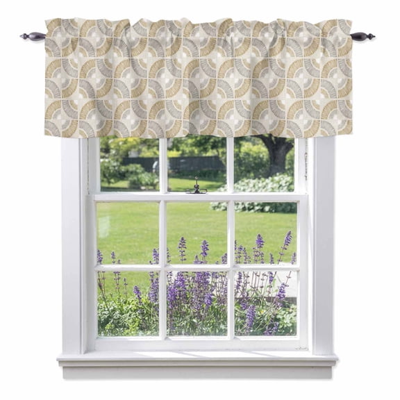 Beige Grey Plaid Valance Curtain 1 Panel, Minimalist Geometric Interlocking Circular Arcs Kitchen Valance with Rod Pocket Window Treatment Short Curtains for Bathroom Bedroom, 42 x 12 Inches