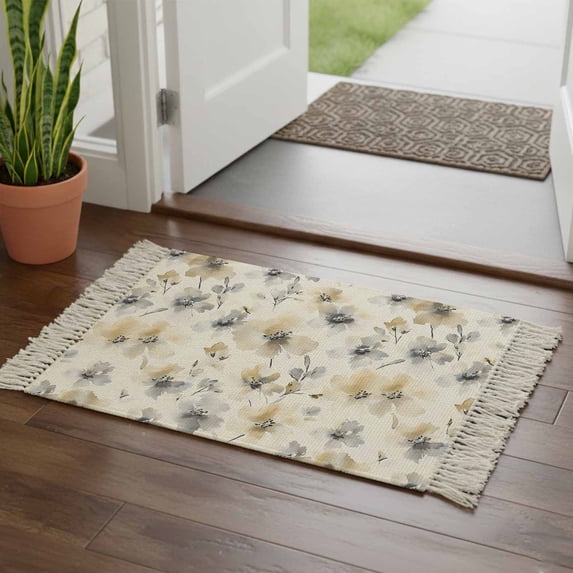 Beige Grey Spring Floral Bathroom Rug 2'x3', Watercolor Summer Botanical Low Profile Front Entryway Rug with Tassels, Woven Cotton Washable Kitchen Mat Carpet for Foyer Bedroom Back Door Decor