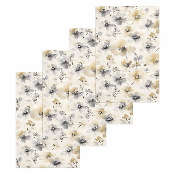 Beige Grey Spring Floral Hand Towels Set,Waffle Weave Kitchen Towels 4 Pieces,Microfiber Hair Face Bath Tea Towel Absorbent Quick Drying Cleaning Dish Cloths,Watercolor Summer Botanical 15.7"x23.6"