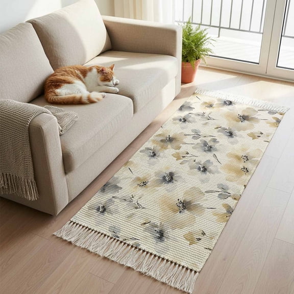 Beige Grey Spring Floral Kitchen Runner Rug 2'x4', Watercolor Summer Botanical Washable Rug with Tassels, Non Slip Woven Cotton Bathroom Rugs Hallway Carpet for Foyer Bedroom Entry Back Door Decor