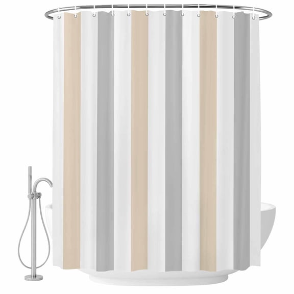 Beige Grey Stripe Bathroom Shower Curtains with Hooks, Classic Modern Waterproof Fabric Washable Shower Curtain for Home Hotel Bathtub Decor 72x84 Inch