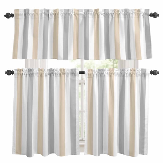 Beige Grey Striped Kitchen Curtains Sets for Windows 24 Inch Length, Minimalist Farmhouse Stripe Rod Pocket Window Treatments Tier Curtains and Valances Set for Bedroom/Bathroom