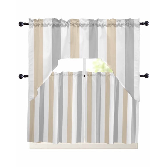 Beige Grey Striped Kitchen Curtains Swag Valance and Tier Curtains Set 24 Inch Length, Geometric Vertical Stripes White Rod Pocket Drape Panels Pair Swag Curtain for Bathroom/Cafe/Window