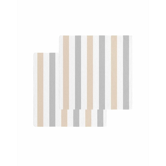 Beige Grey Striped Kitchen Dish Towels for Drying Dishes Set of 2, Geometric Vertical Stripes White Waffle Weave Microfiber Terry Hand Tea Bathroom Towels Quick Dry & Absorbent Towel 12x12