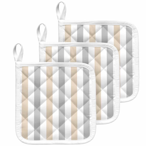Beige Grey Striped Pot Holders for Kitchen Heatproof Potholder, 3 Pack Minimalist Farmhouse Stripe Hot Pads Multipurpose Oven Pads Cloth Potholders Trivet for Cooking Baking