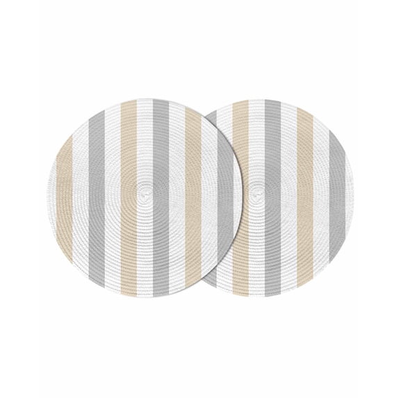 Beige Grey Striped Round 13 Inch Placemats Set of 2, Minimalist Farmhouse Stripe HeatResistant Non Slip Place Mats for Dining Table, Wipeable Braided Kitchen Table Mats for Housewarming